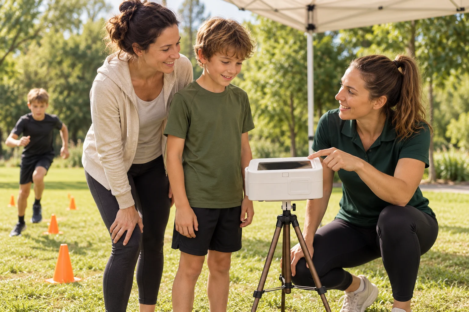 KI-generiertes Motiv: Betreuerin erklärt einer Familie die sportstation