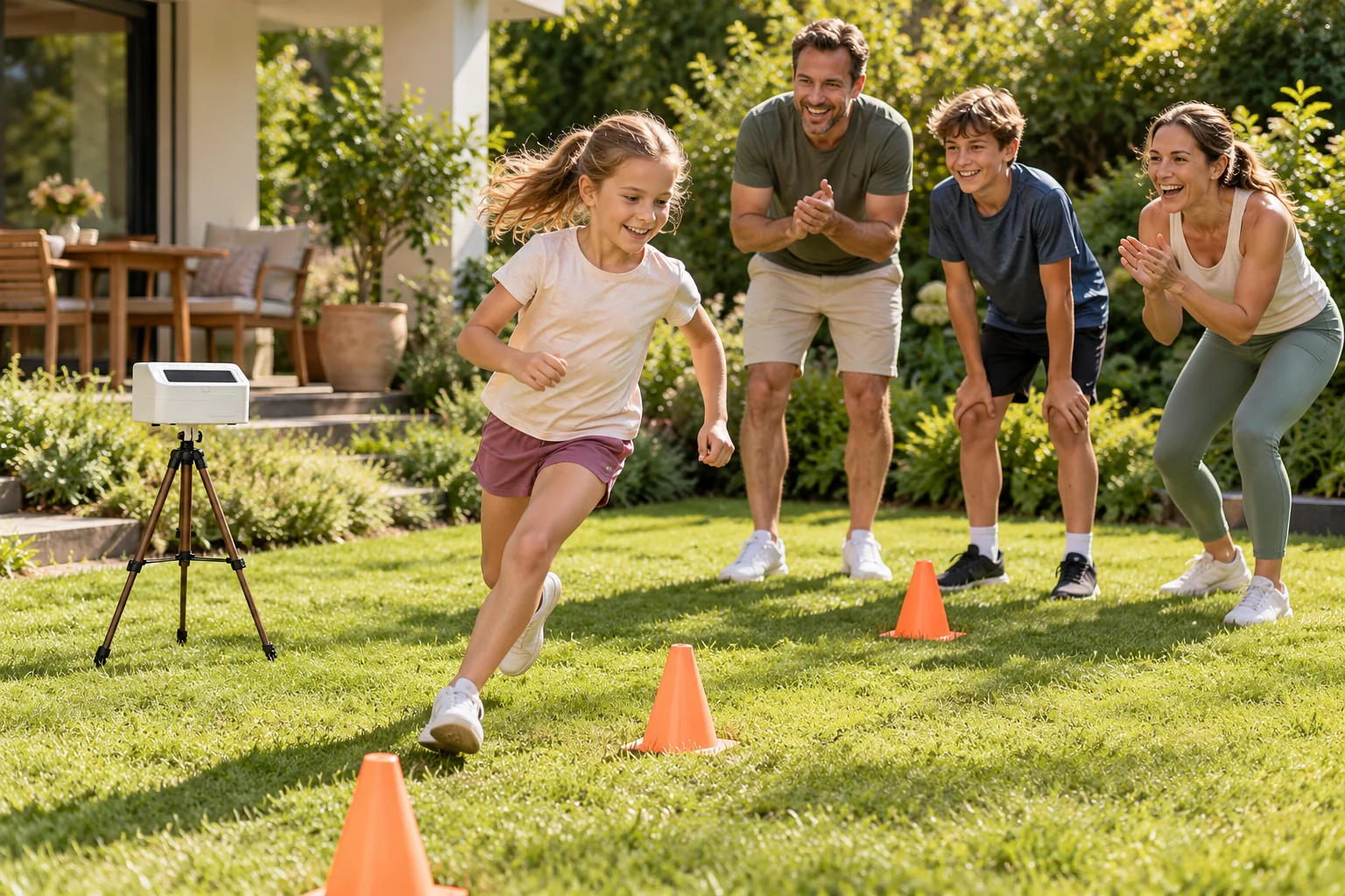 KI-generiertes Motiv: Familie beim Bewegungsparcours im Garten