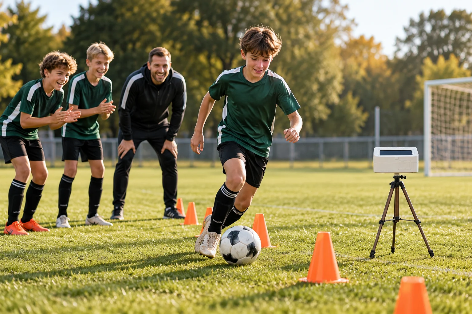 KI-generiertes Motiv: Jugendfußballtraining mit Trainer und sportstation