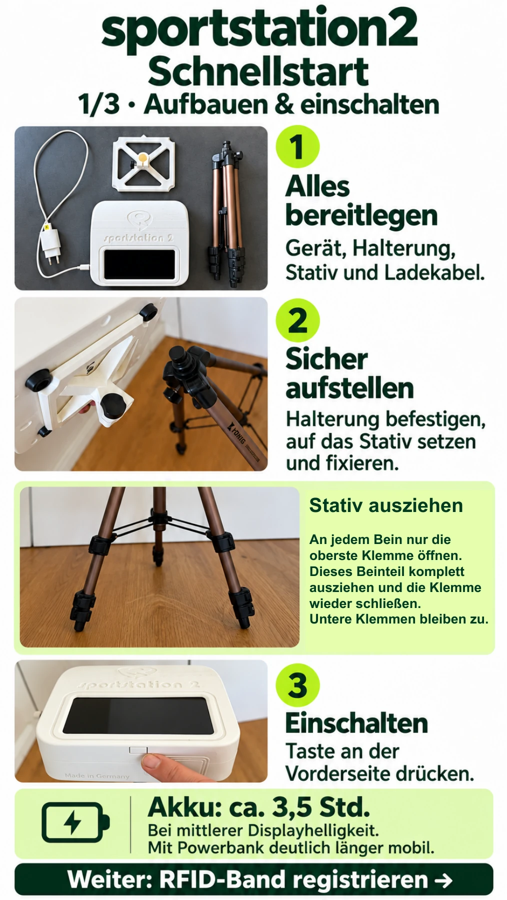 Bildanleitung: Aufbau, Stativklemmen und Einschalten