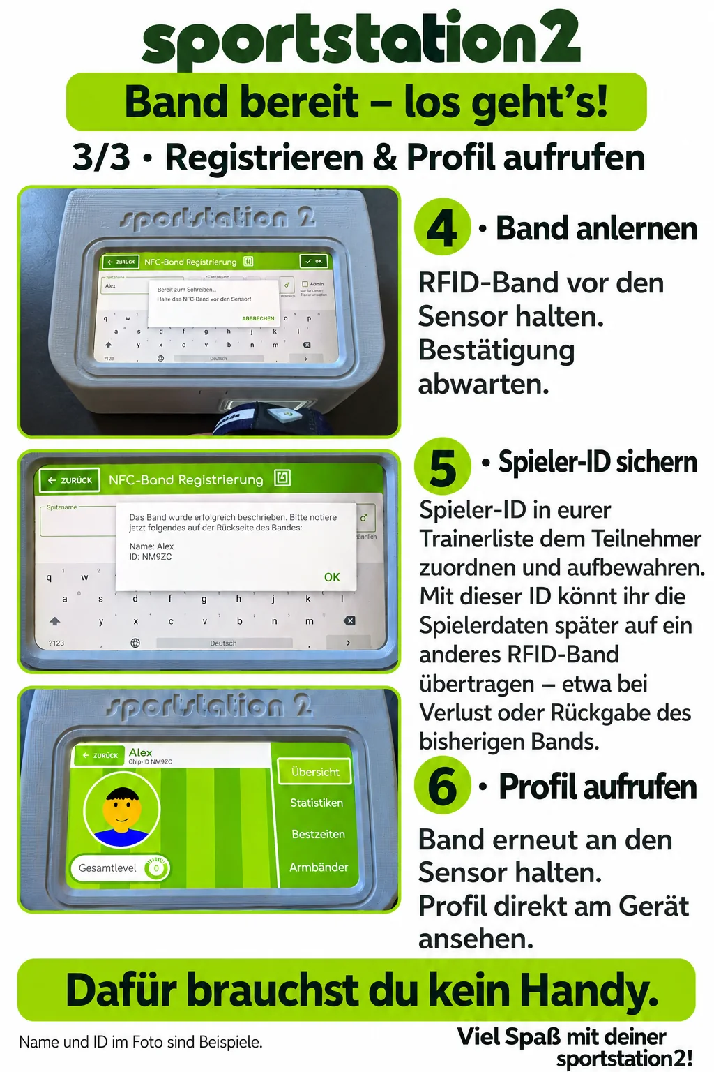 Bildanleitung: Band am Sensor, Spieler-ID sichern und Profil aufrufen
