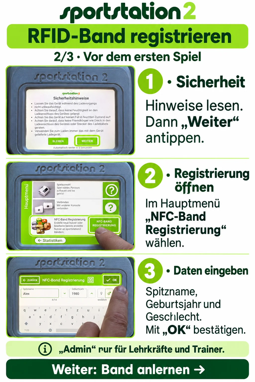 Bildanleitung: Sicherheitshinweise und Eingabe der Spielerdaten