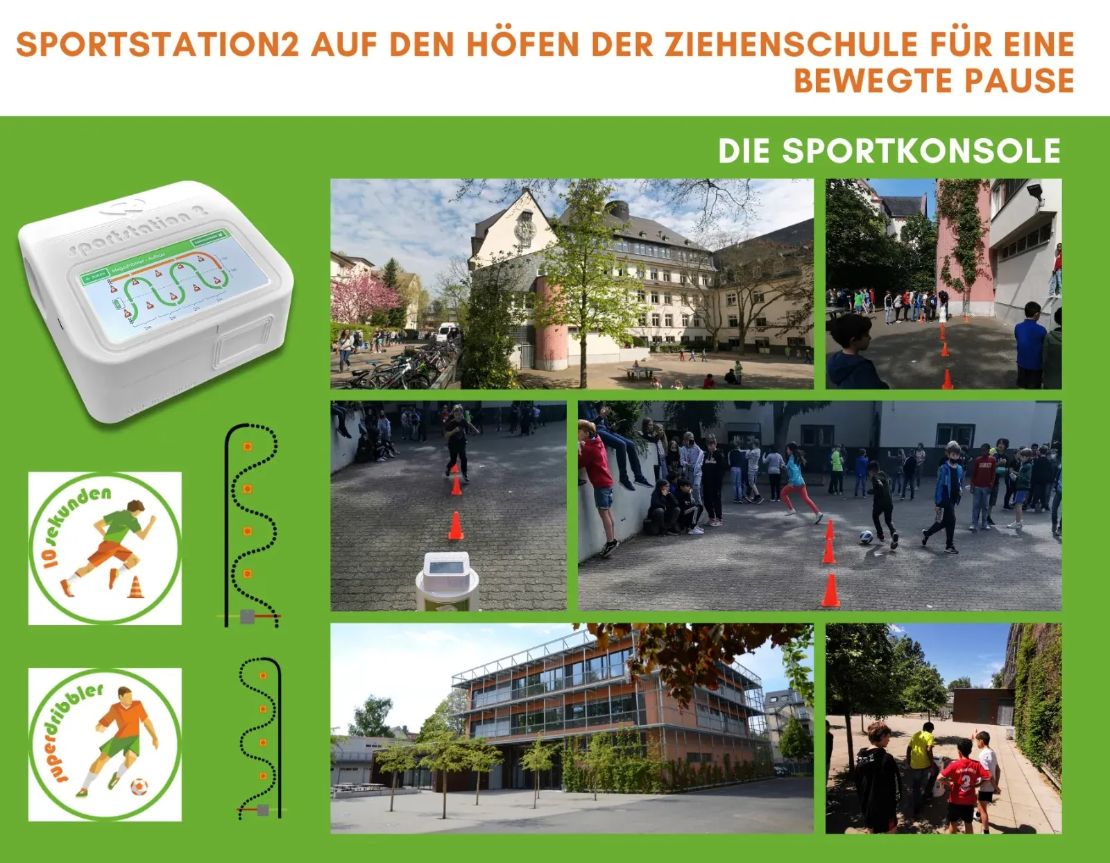 Collage: sportstation2 auf den Schulhöfen der Ziehenschule mit Lauf- und Dribbelparcours